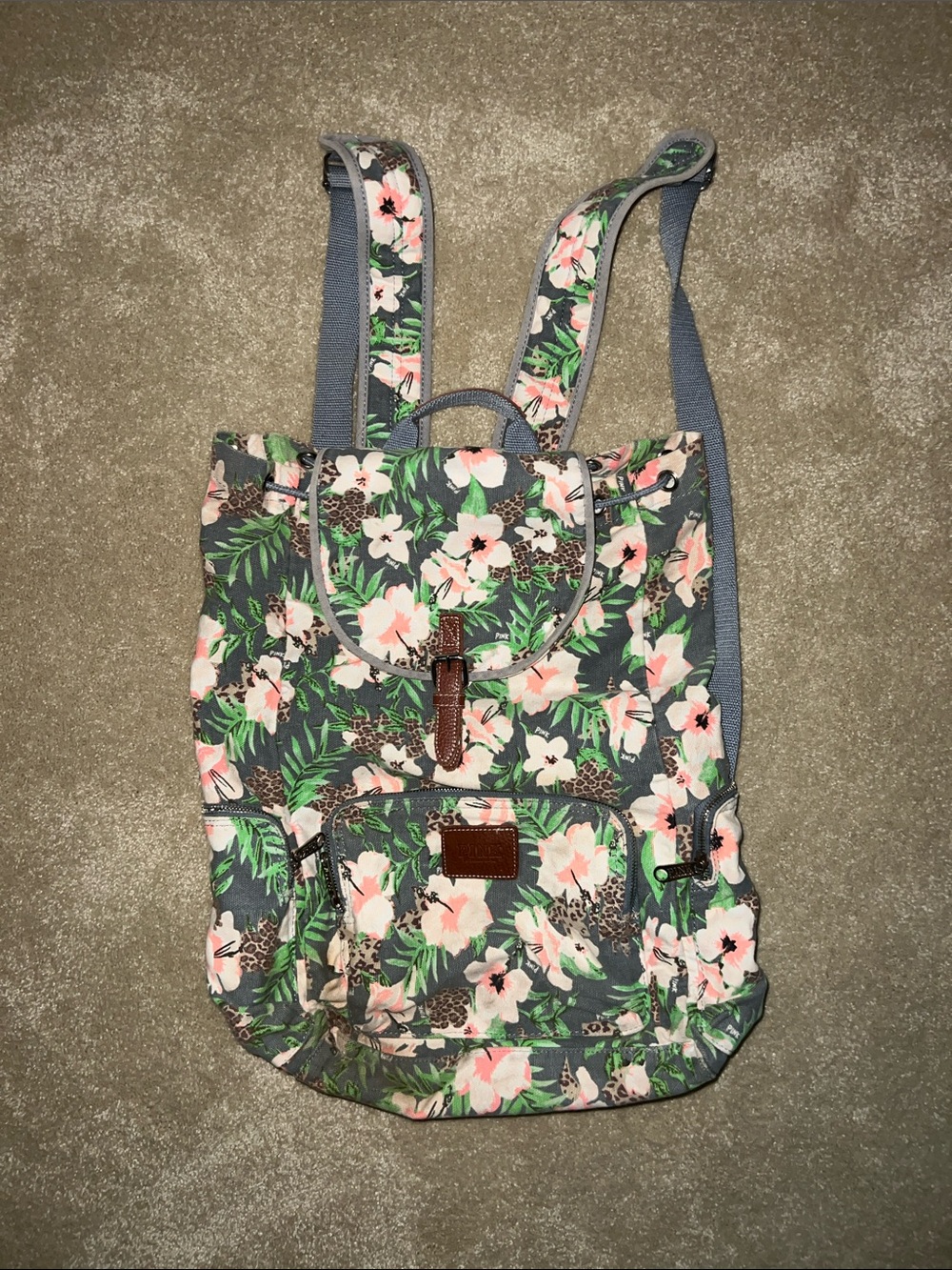 PINK Floral Canvas Drawstring Backpack